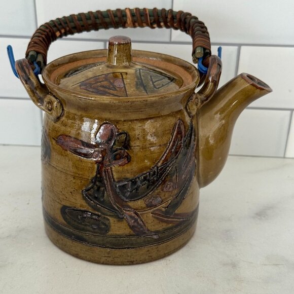 Vintage Pottery Teapot Woven Handle 6 Matching Cups Set In Earthy Tones - Picture 3 of 10